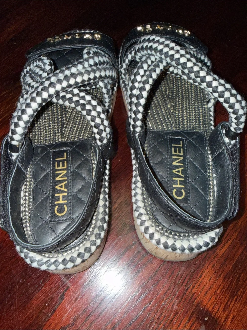 Chanel black and white braided cord and lambskin leather dad sandals